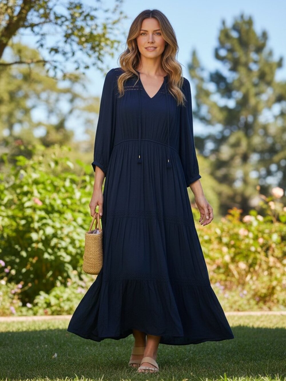 Nurture by Westbound Navy Blue Boho Lace Tiered Maxi Dress M